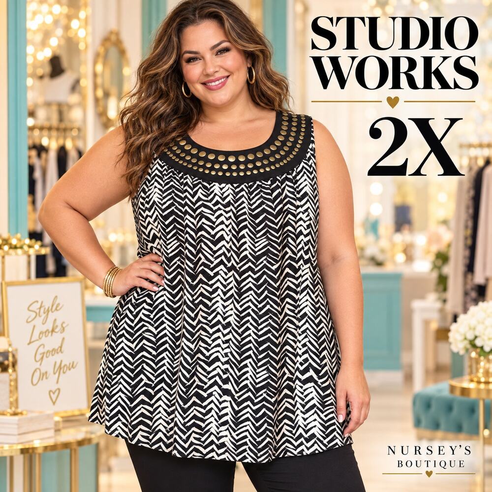 Studio Works 2X Black Ivory Chevron Studded Sleeveless Tunic Top